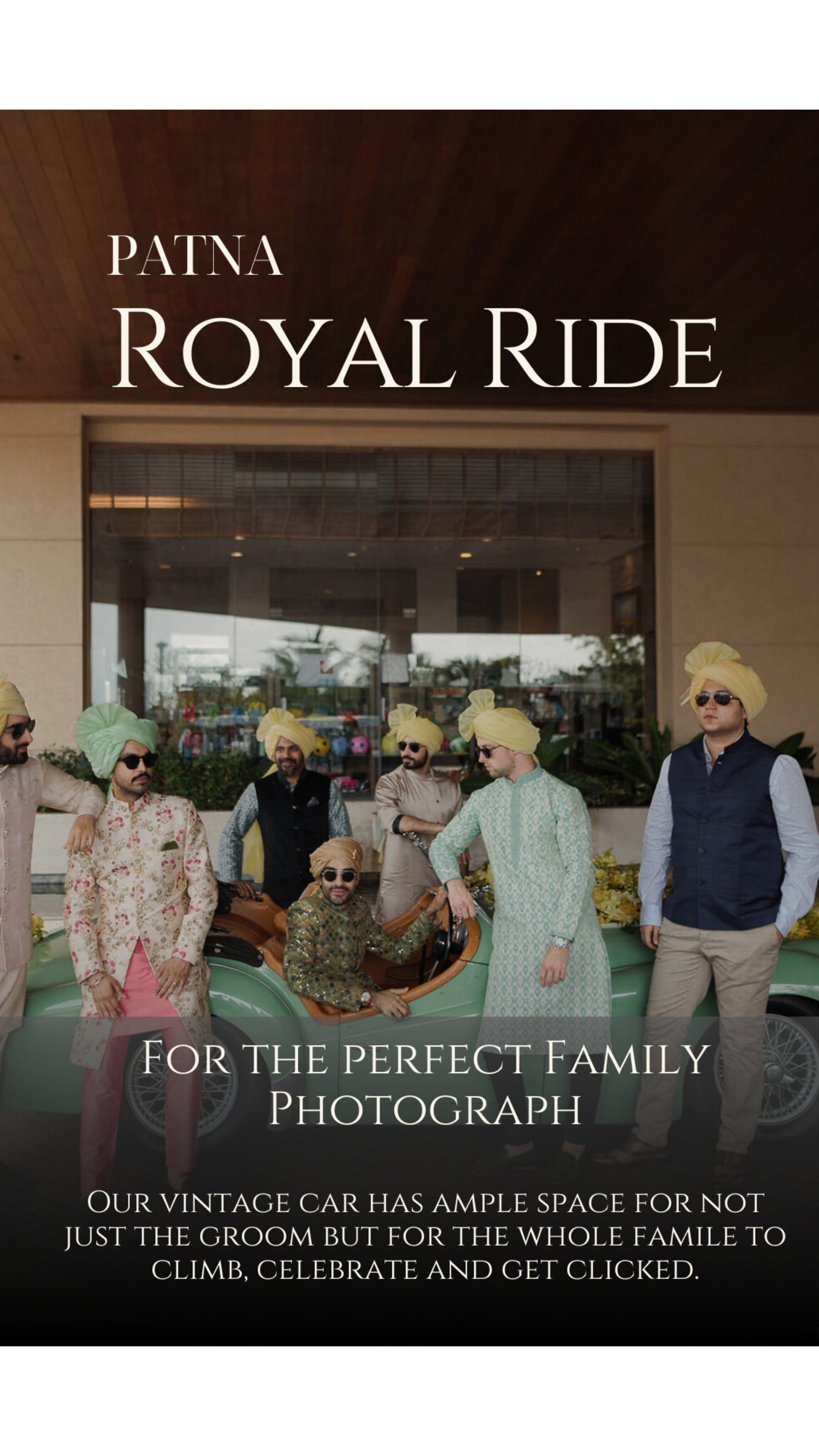 Groom and family seated together in a vintage wedding car for a family photograph