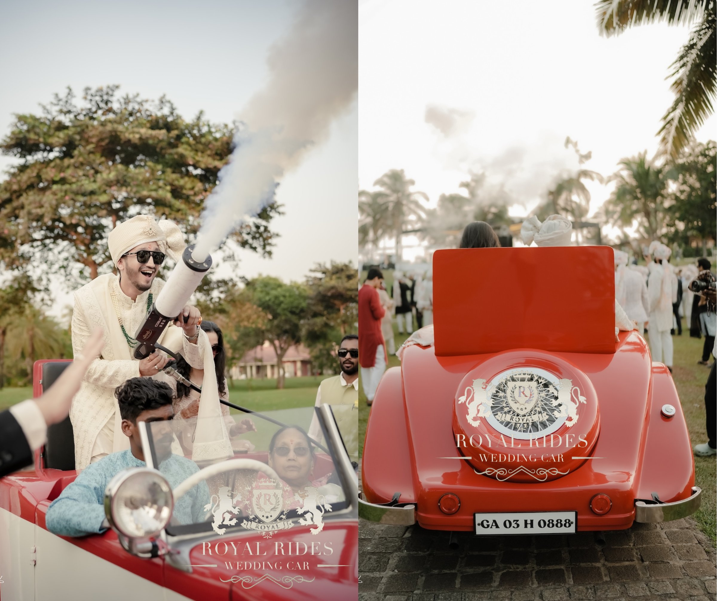 Groom arriving in the red vintage car with celebration smoke