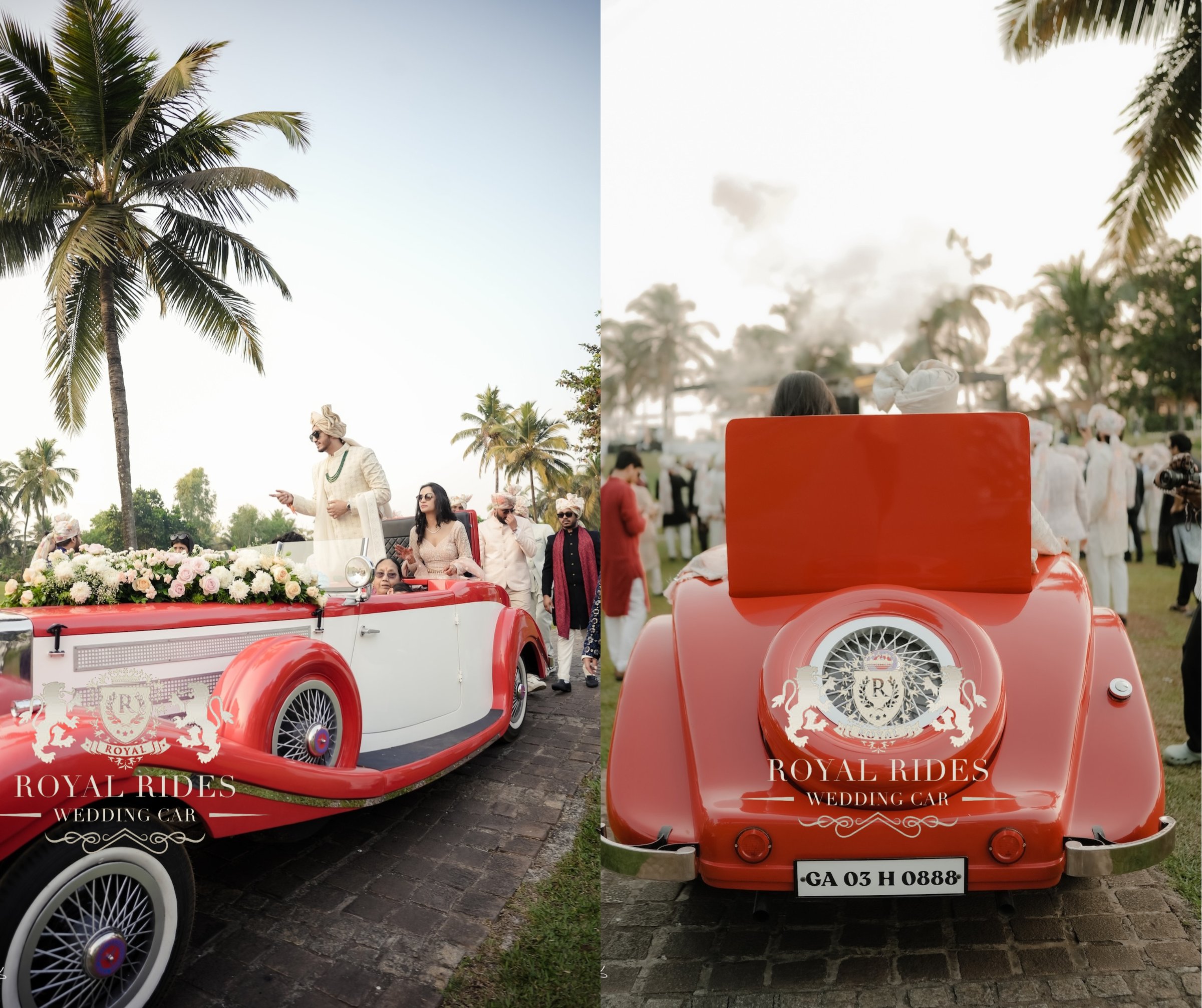 Red vintage car with floral décor for a baraat