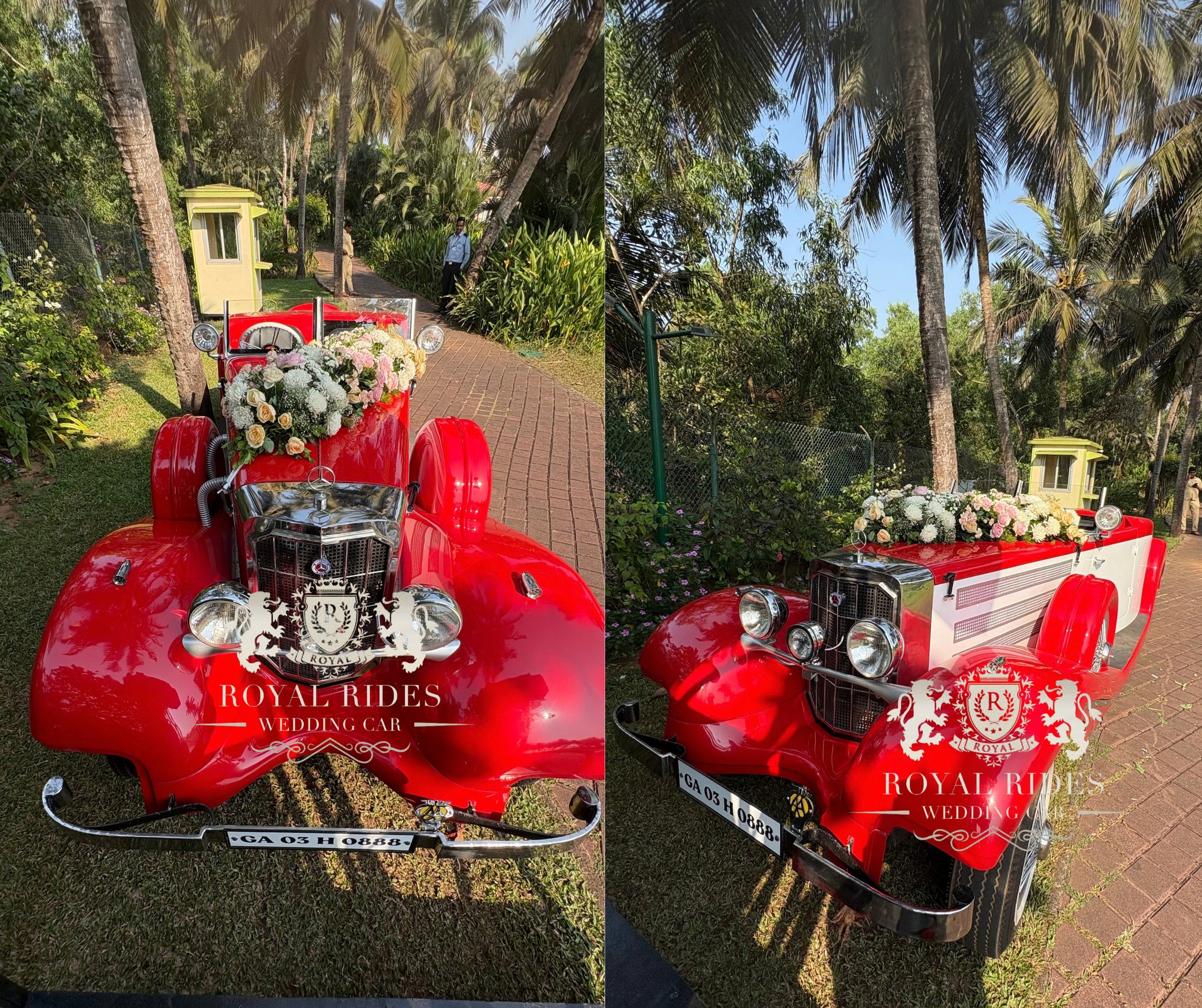 Red vintage wedding car decorated with white flowers in Patna