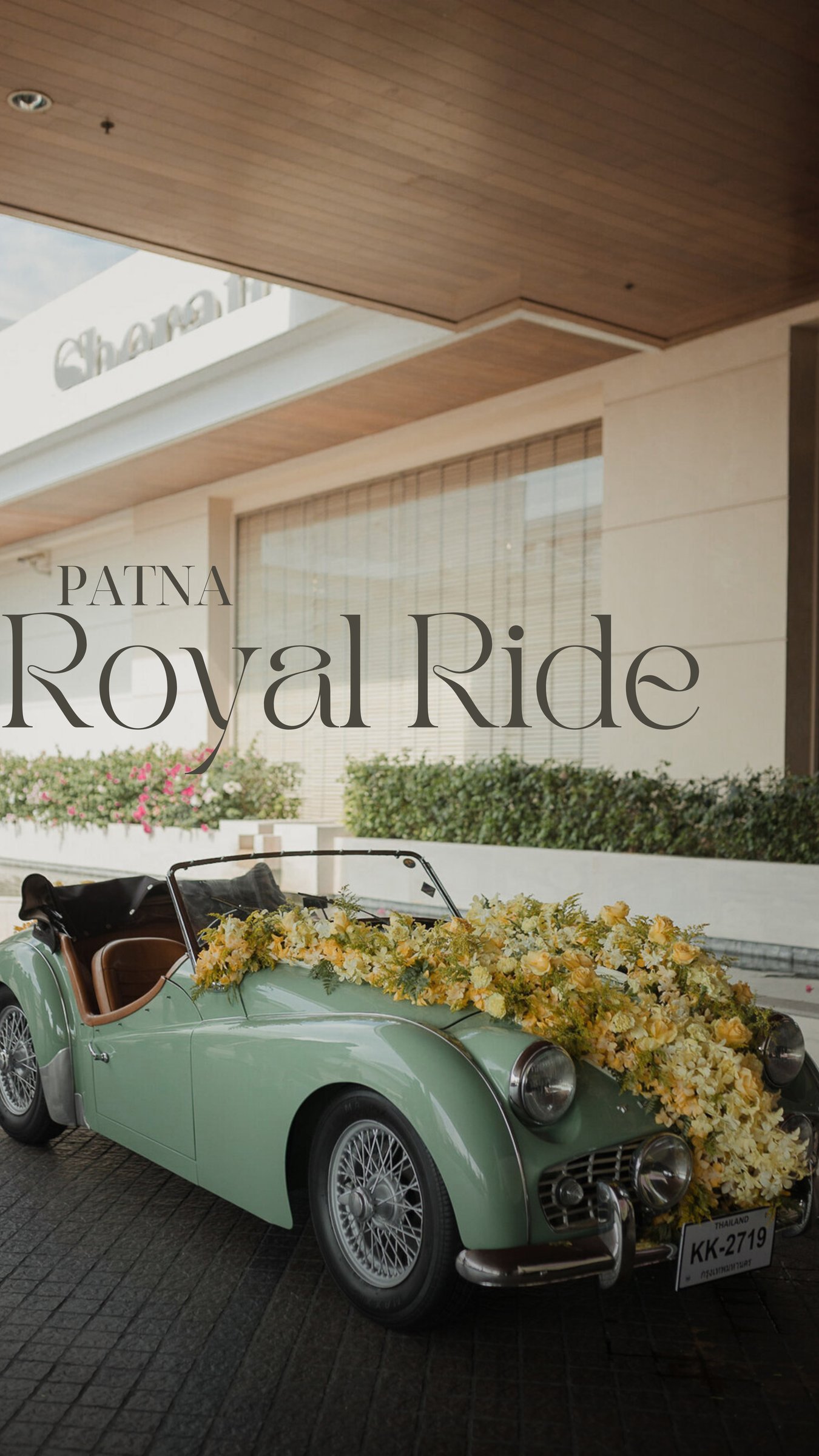 Royal Ride Vintage Wedding Cars in Patna: vintage car decorated with yellow flowers at a wedding venue