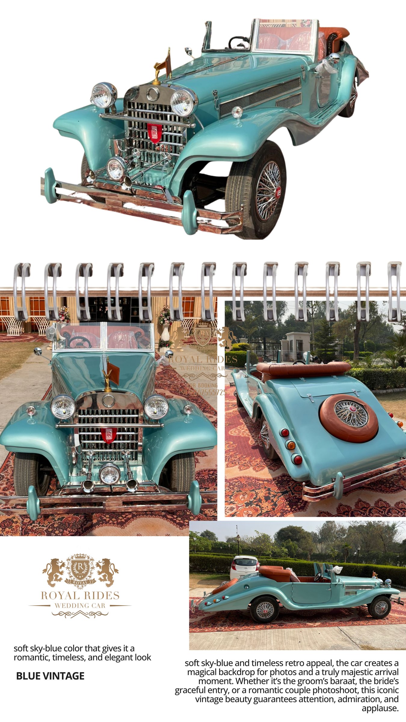 Sky-blue vintage wedding car for rent in Patna, front and rear views