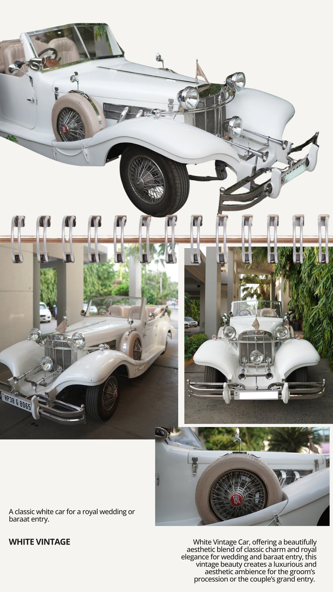 White vintage wedding car for rent in Patna, front and side views